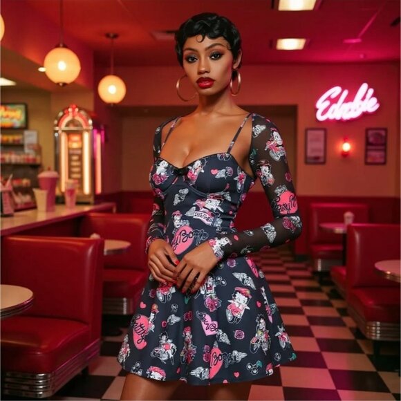 Tough Betty Mini Dress & Sheer Shrug Set W/ Moto Print & Underwire – NWT M - Picture 1 of 7